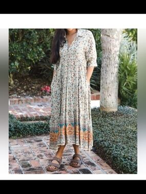 NATURAL LIFE Rebecca Floral Dress with Blue & Orange Border